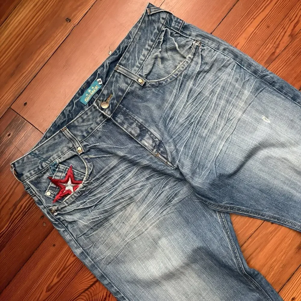 Vintage Y2K Shmack Jeans Men's Size 38 Loose Wide Leg Baggy Light Whiskers Stars